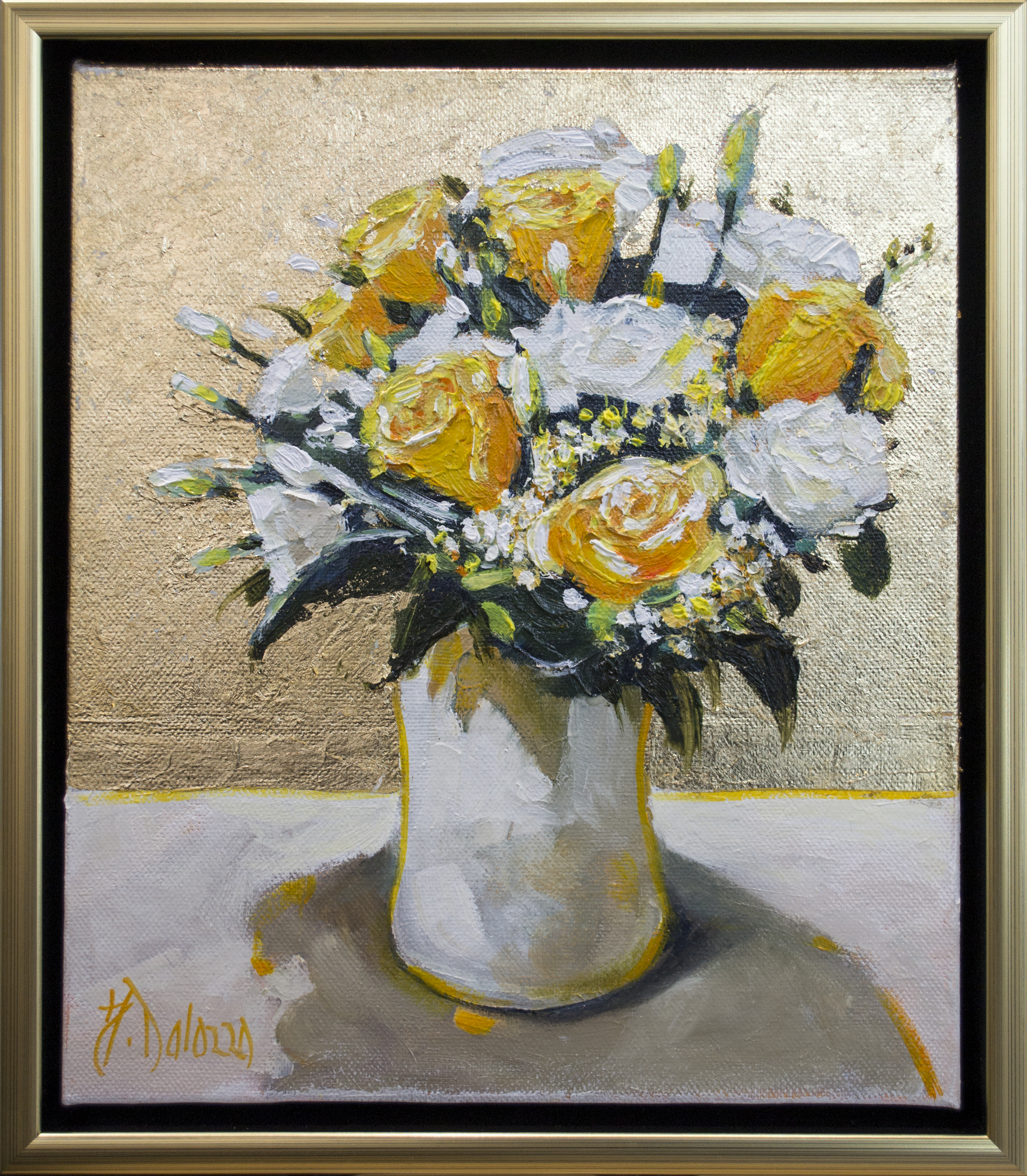 Framed Front View Of Figure Painting "White and Yellow Roses" Original Artwork by Judith Dalozzo