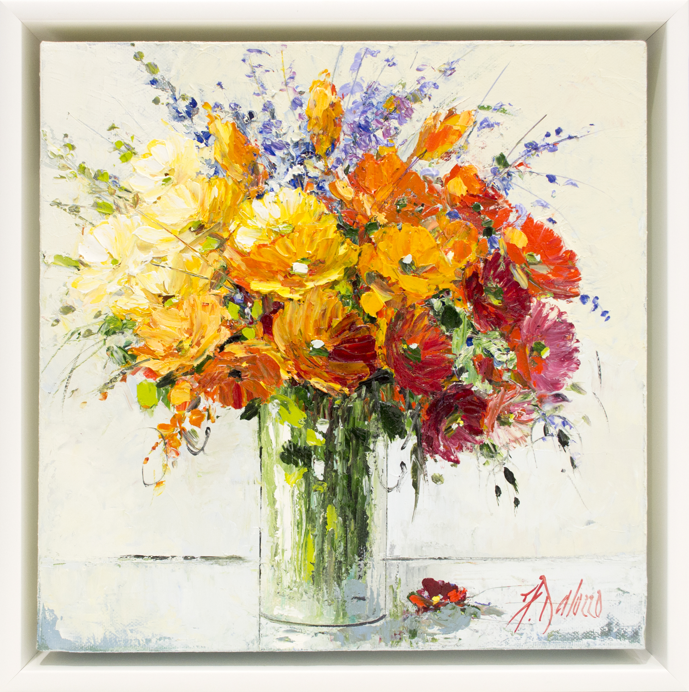 Framed Front View Of Still Life Painting "Sunburnt Bouquet" By Judith Dalozzo