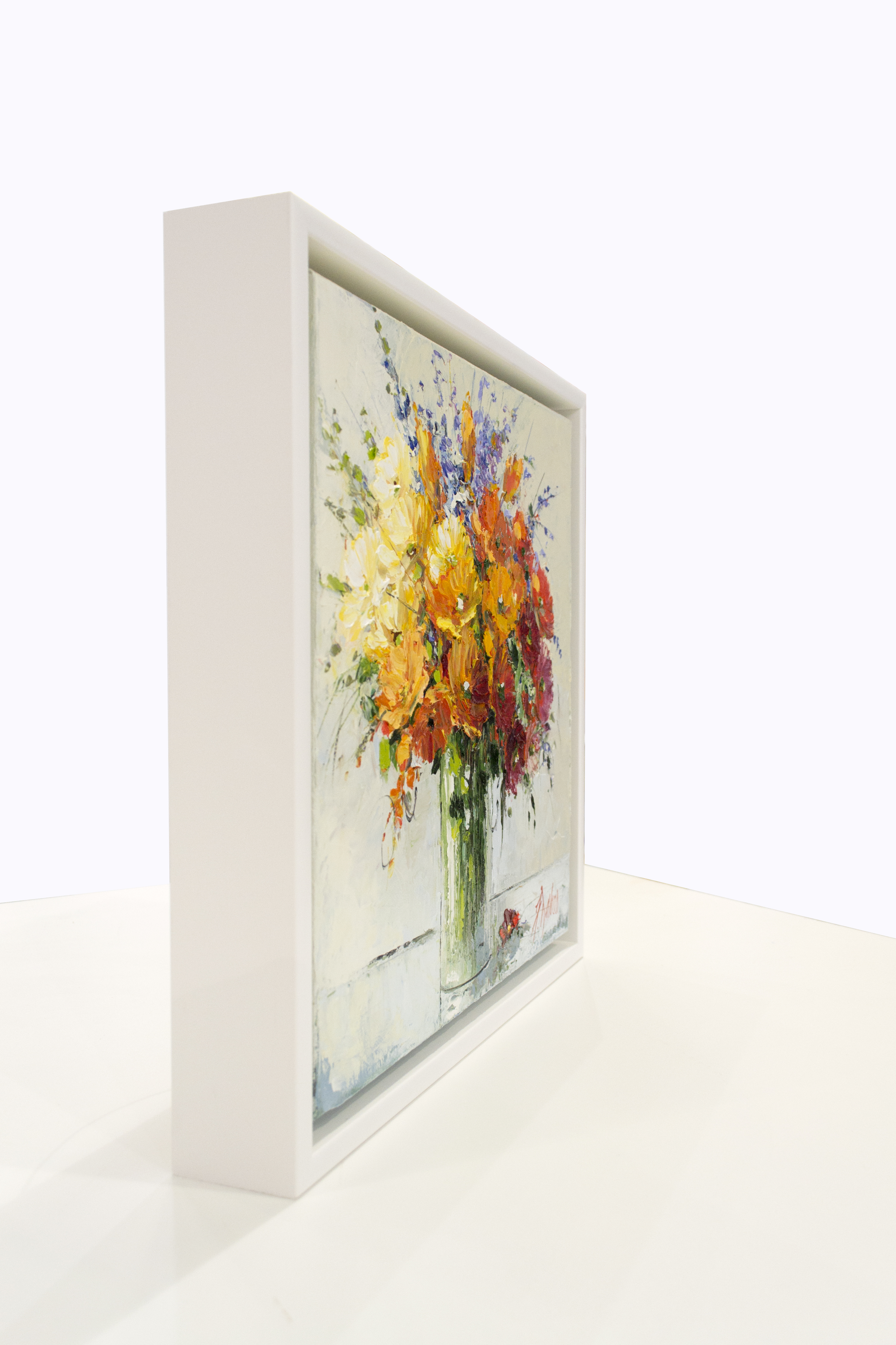 Framed Side View Of Still Life Painting "Sunburnt Bouquet" By Judith Dalozzo