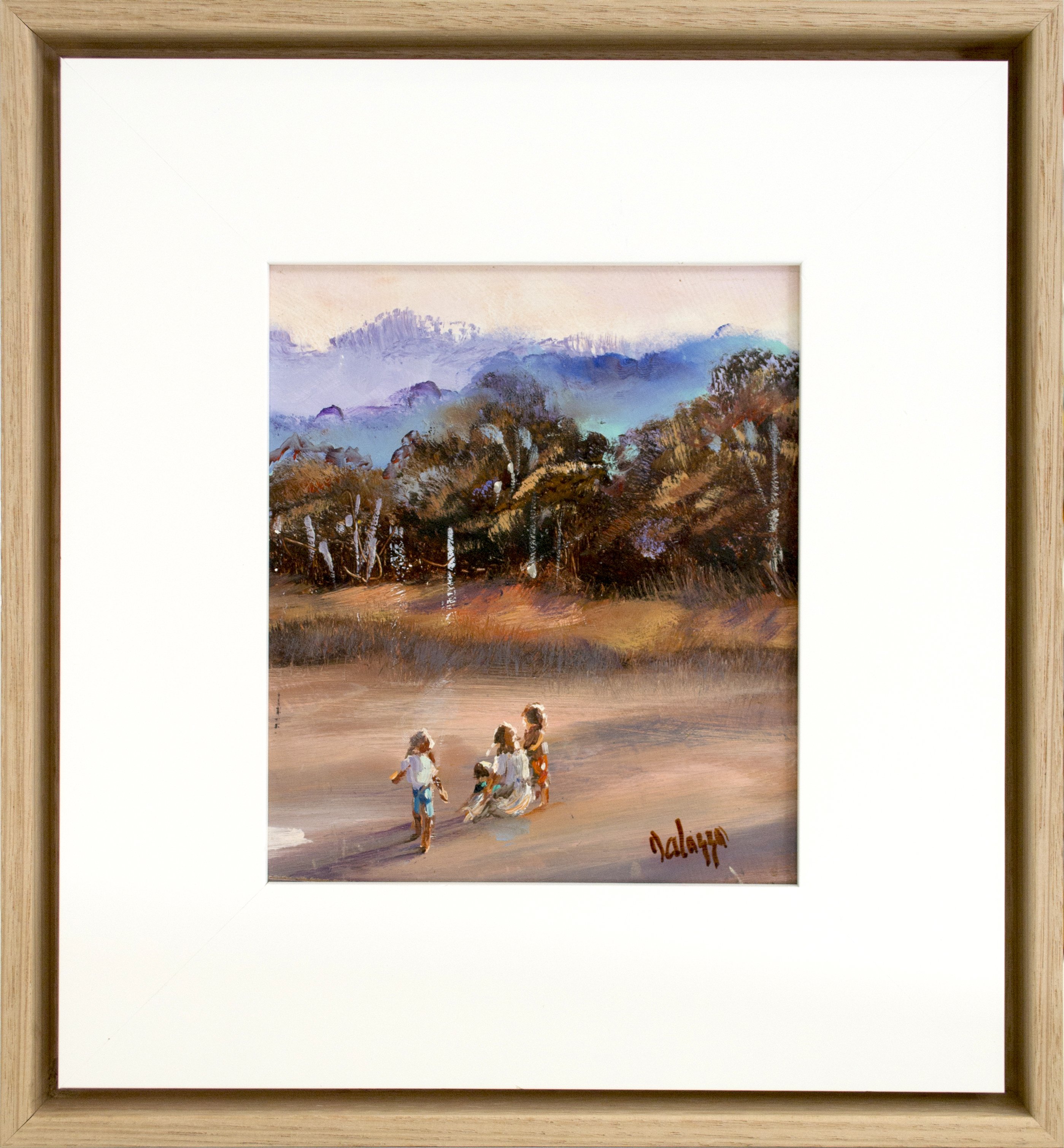 Framed Front View Of Romantic Painting "Playing Along The Beach" By Lucette Dalozzo