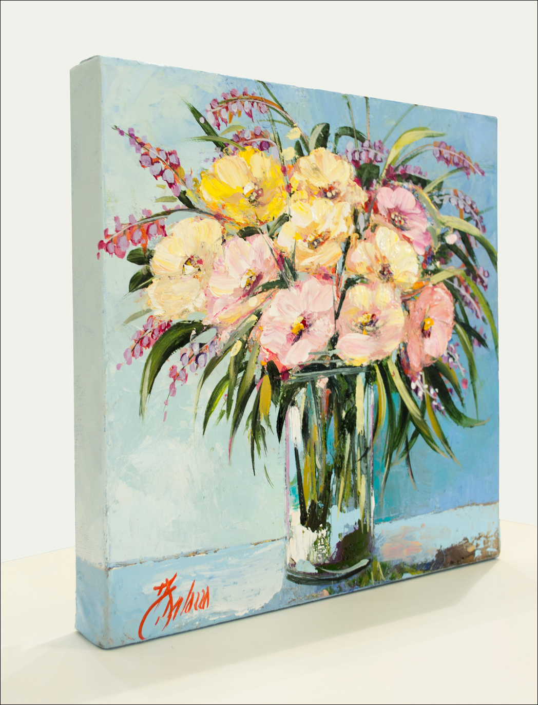 Left View Of Still Life Painting "Soft Pink Floral" By Judith Dalozzo
