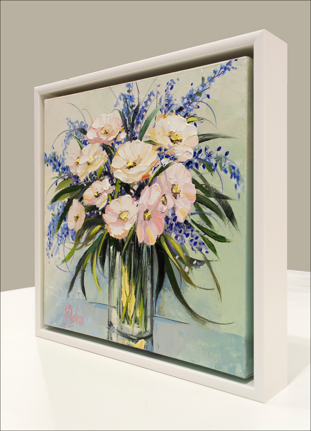 Framed Side View Of Still Life Painting "Forget Me Nots" By Judith Dalozzo