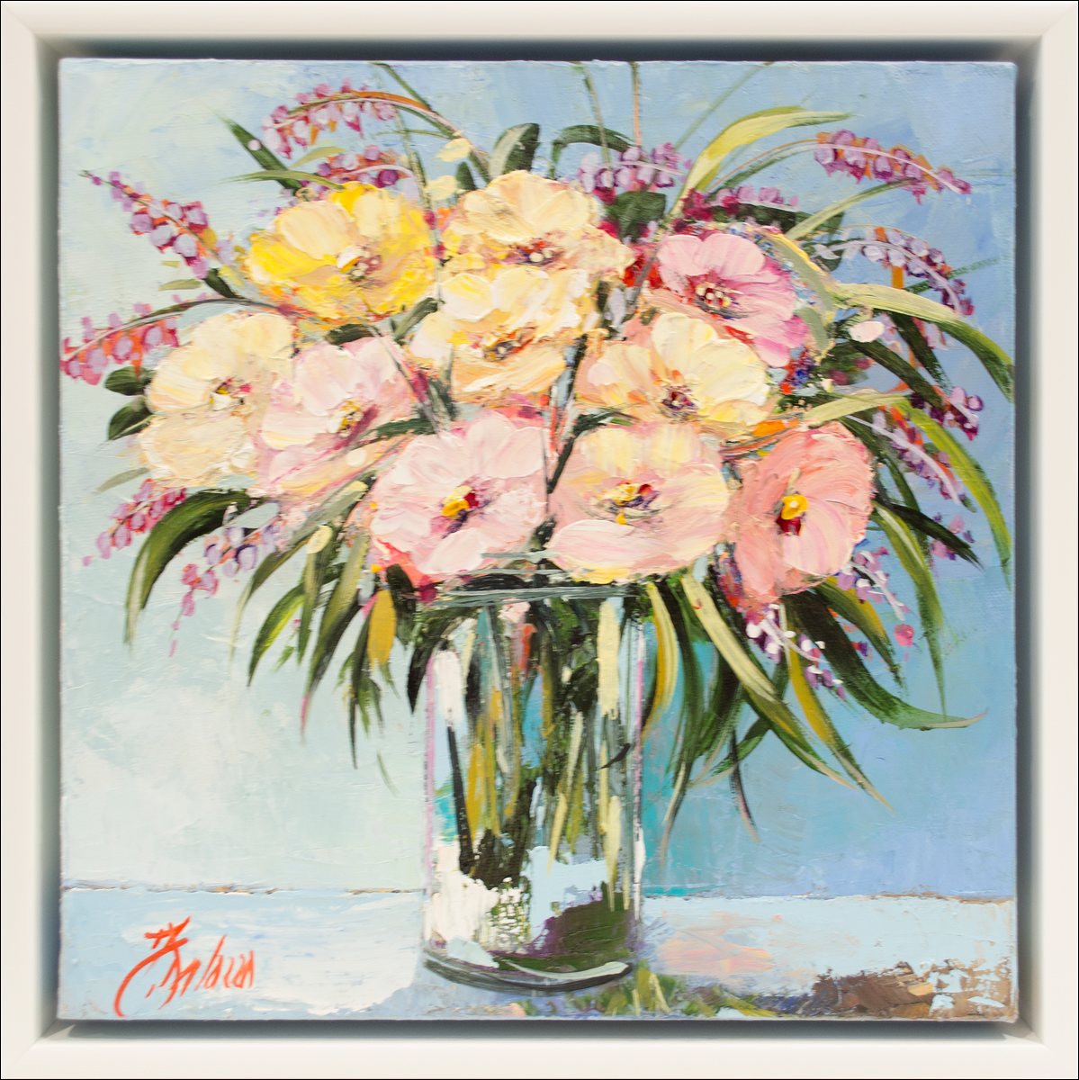 Framed Front View Of Still Life Painting "Soft Pink Floral Study" By Judith Dalozzo