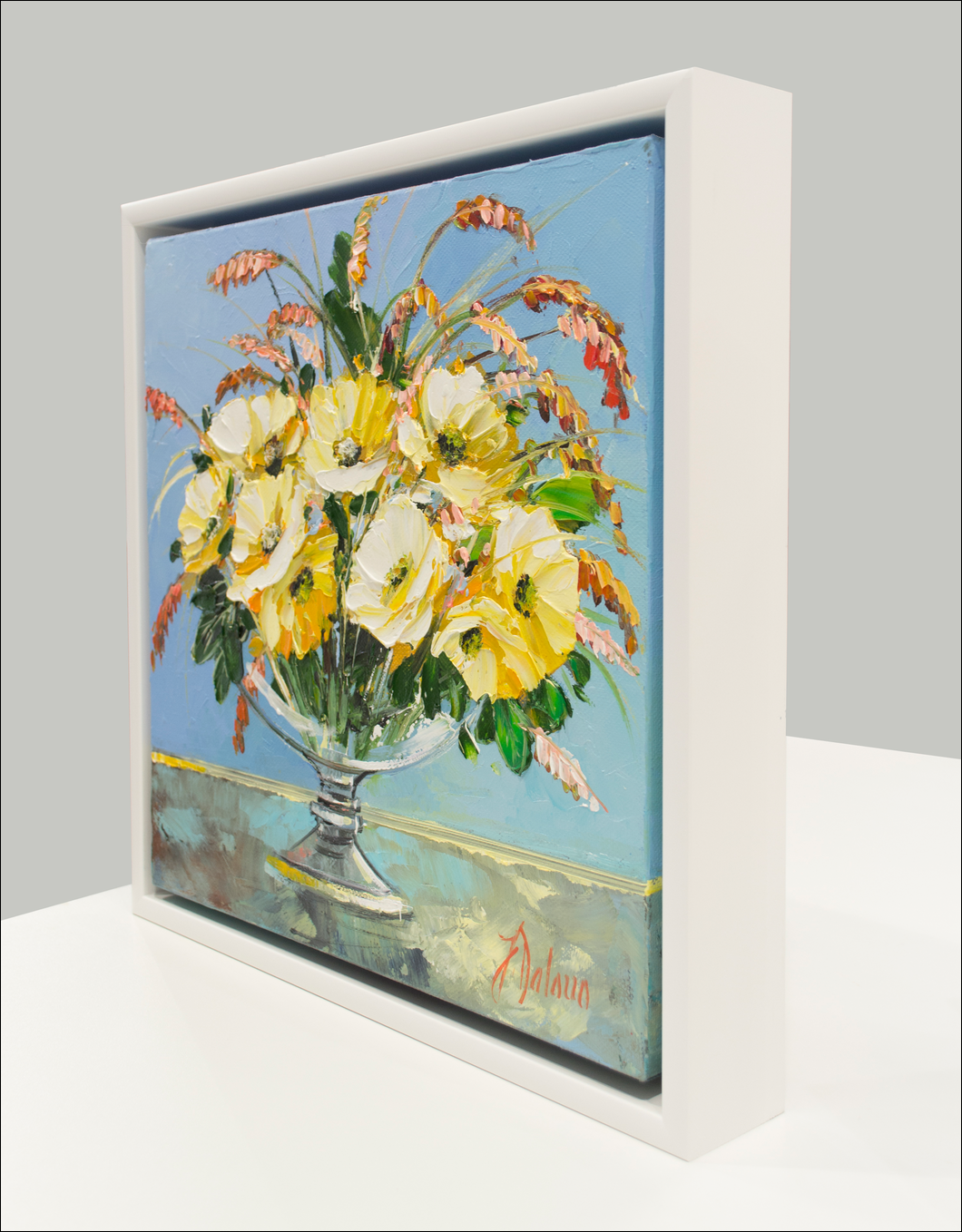 Framed Side View Of Still Life Painting "Yellow Blossom" By Judith Dalozzo