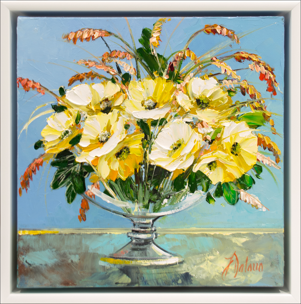 Framed Front View Of Still Life Painting "Yellow Blossom" By Judith Dalozzo