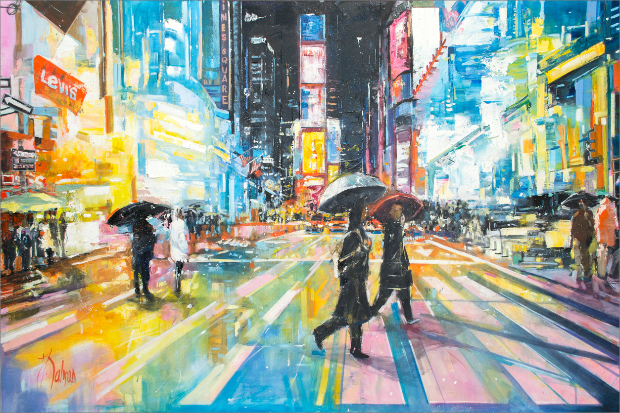 Close Up Signature Of Oil Painting "October Rain Time Square" By Judith Dalozzo