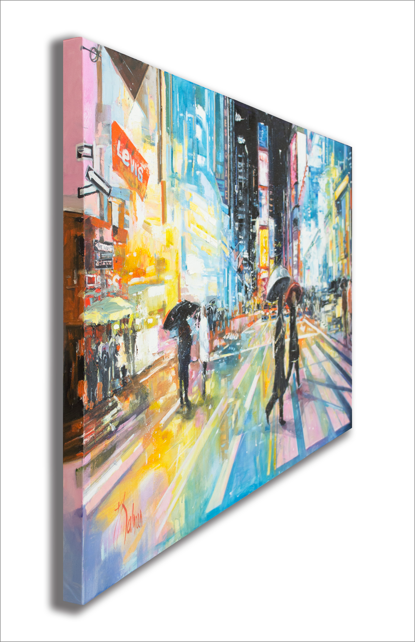 Side View Of Cityscape Painting "October Rain Time Square" By Judith Dalozzo