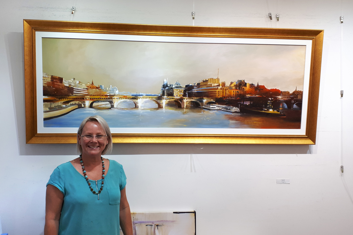 Judith Dalozzo Standing Next To Her Panoramic Original Painting "Pont Neuf De Paris"