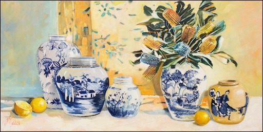 Rustic Still Life "Banksia with China Vases" Original Artwork by Judith Dalozzo