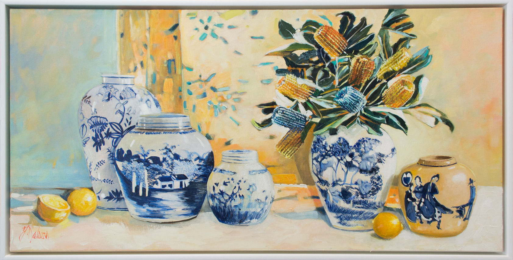 Framed Front View Of Still Life Painting "Banksia with China Vases" By Judith Dalozzo