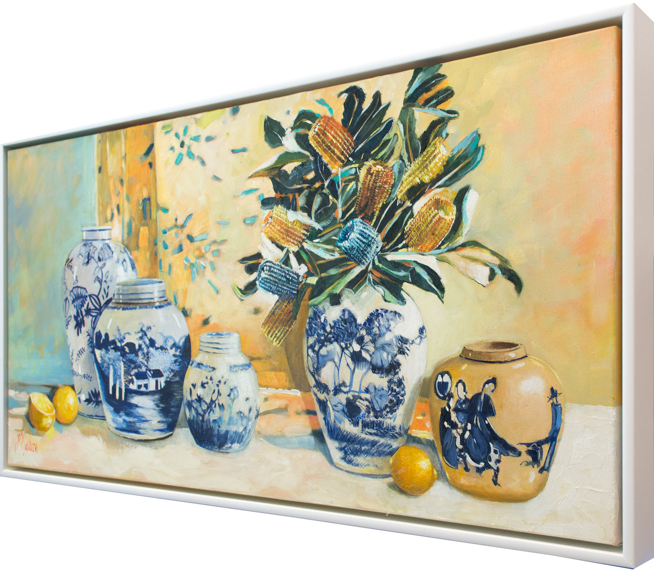 Framed Side View Of Still Life Painting "Banksia with China Vases" By Judith Dalozzo