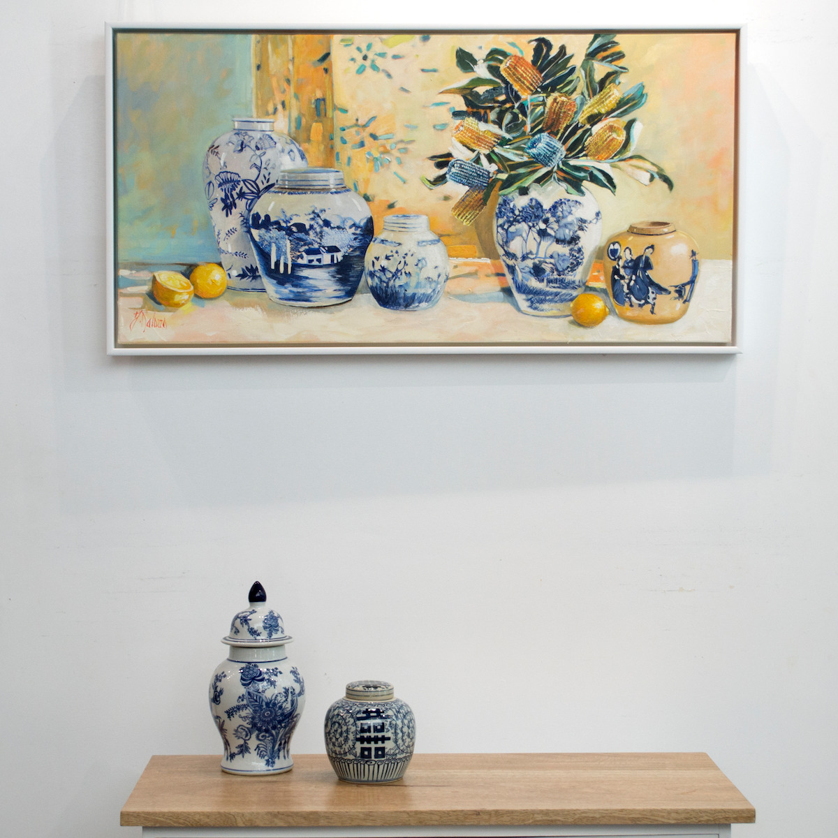Wall Design Ideas 1 With Still Life Painting "Banksia with China Vases" By Judith Dalozzo