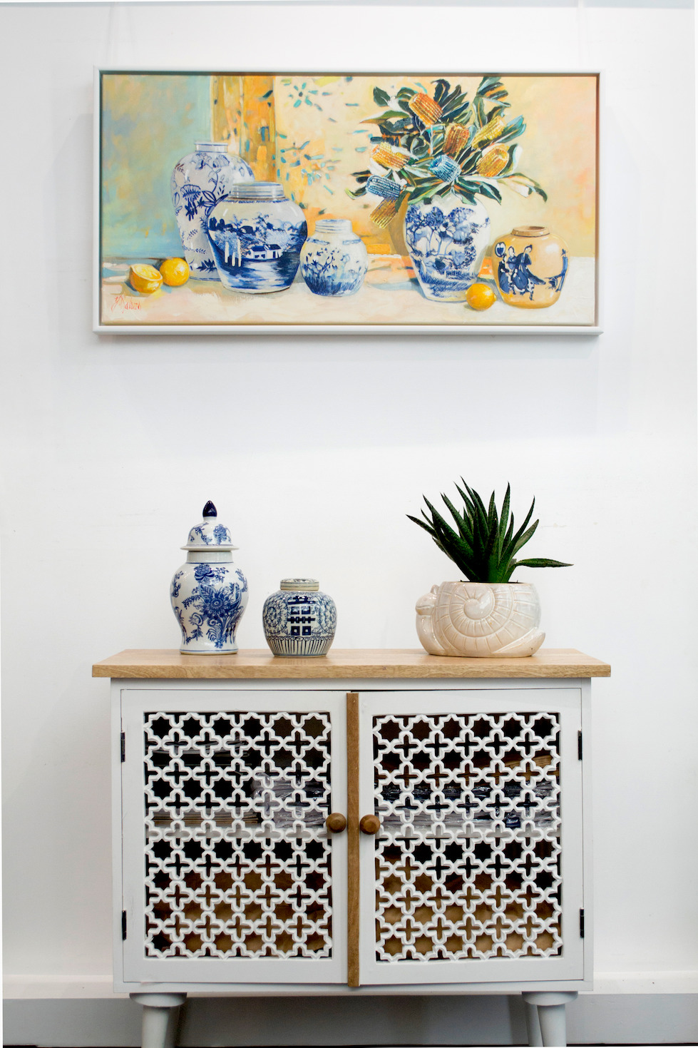 Wall Design Ideas 2 With Still Life Painting "Banksia with China Vases" By Judith Dalozzo
