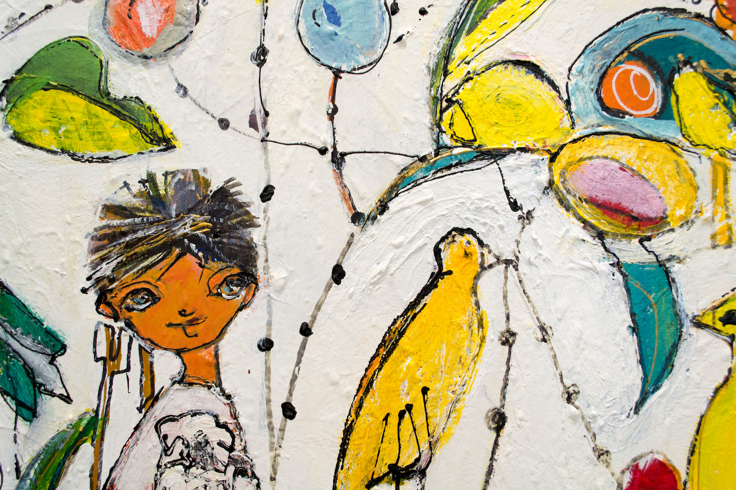 Close Up Detail Of Acrylic Painting "Birds and The Bees Study" By Lucette Dalozzo