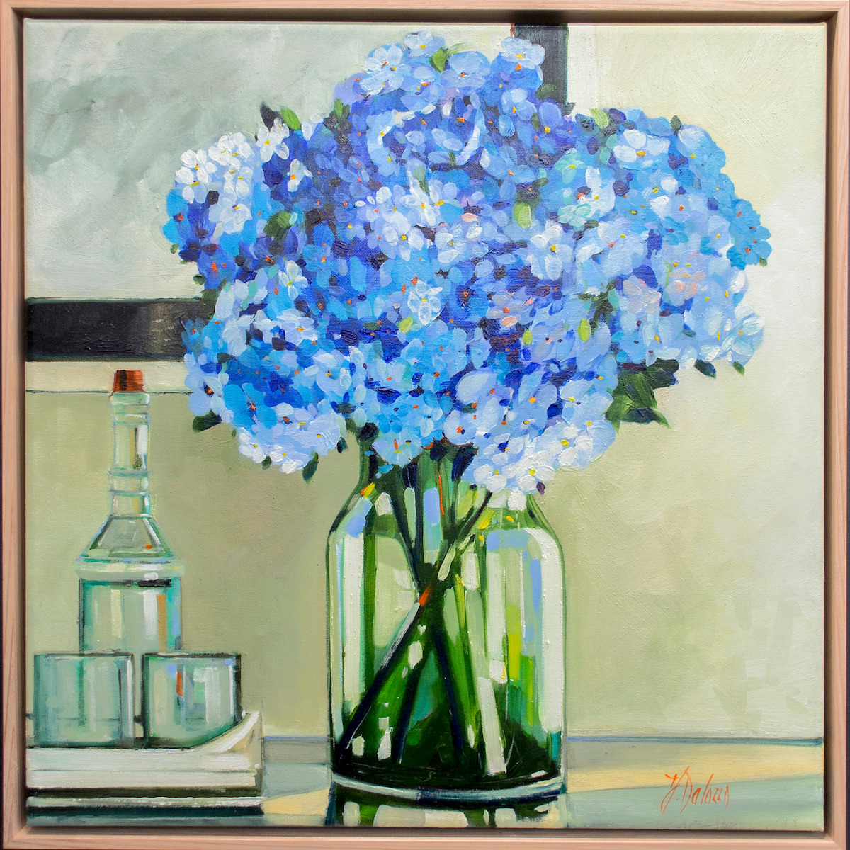 Framed Front View Of Still Life Painting "Something Blue Something New" By Judith Dalozzo