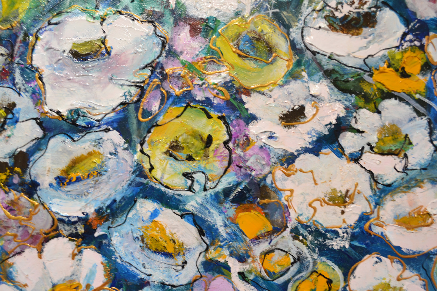 Close Up Detail Of Acrylic Painting "Blue Tones" By Lucette Dalozzo