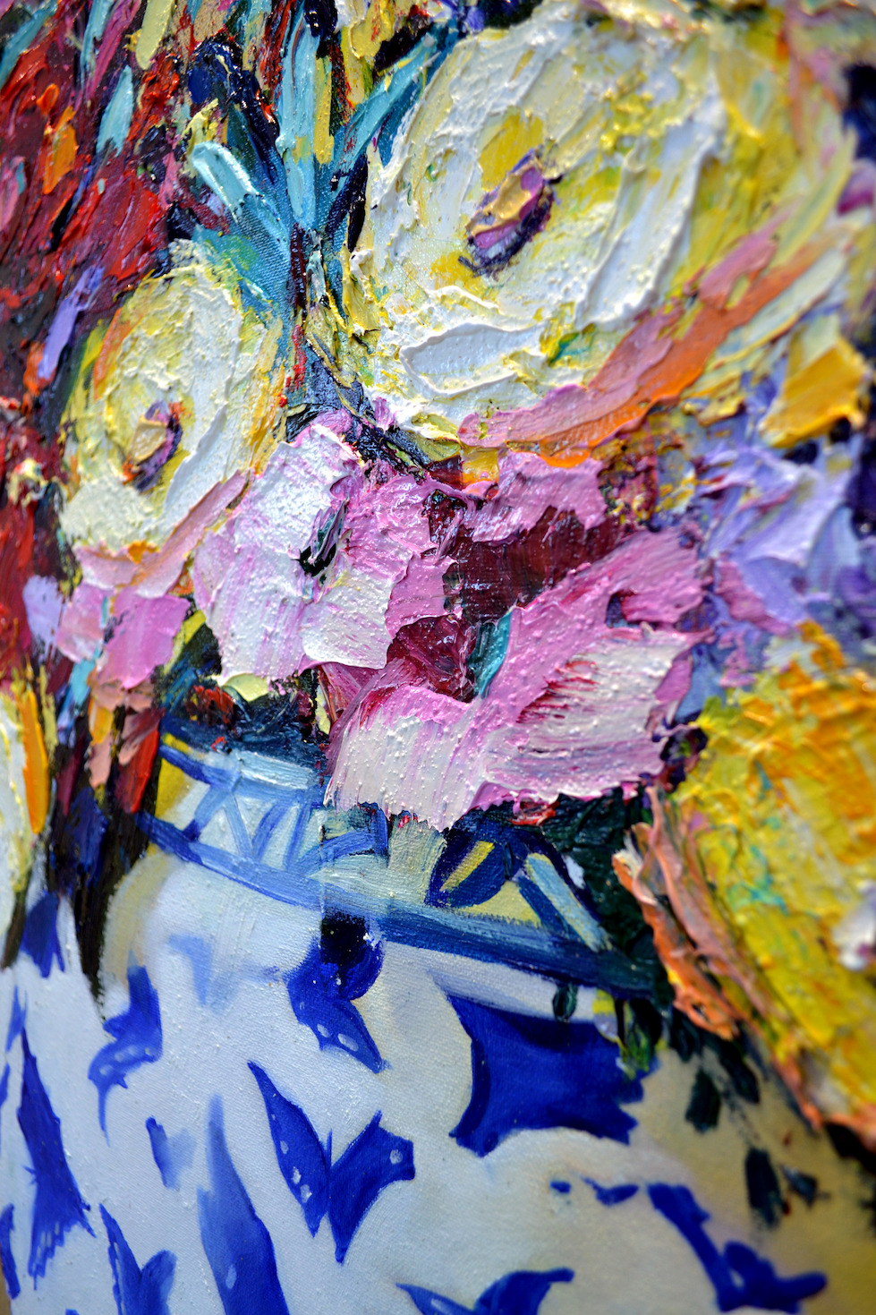 Close Up Detail 1 Of Oil And Gold Leaf Painting "Butterfly Vase Bouquet" By Judith Dalozzo