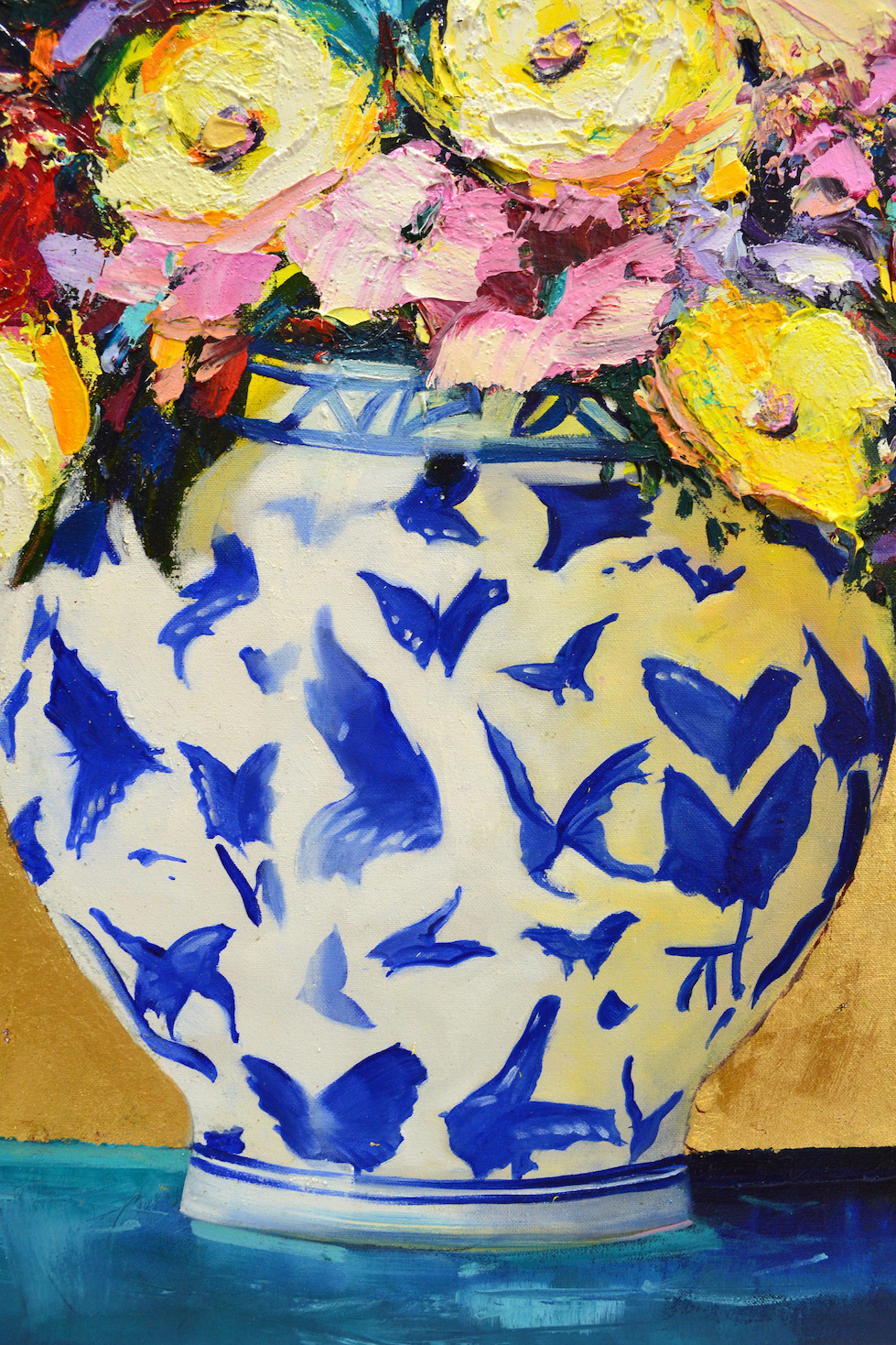Close Up Detail 2 Of Oil And Gold Leaf Painting "Butterfly Vase Bouquet" By Judith Dalozzo