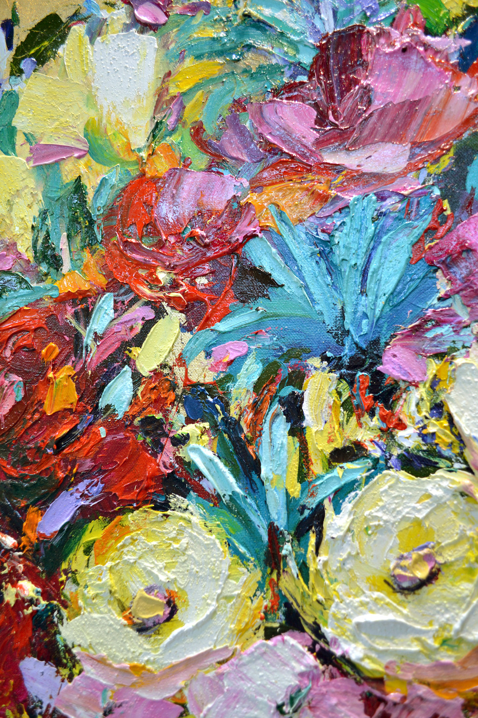 Close Up Detail 3 Of Oil And Gold Leaf Painting "Butterfly Vase Bouquet" By Judith Dalozzo