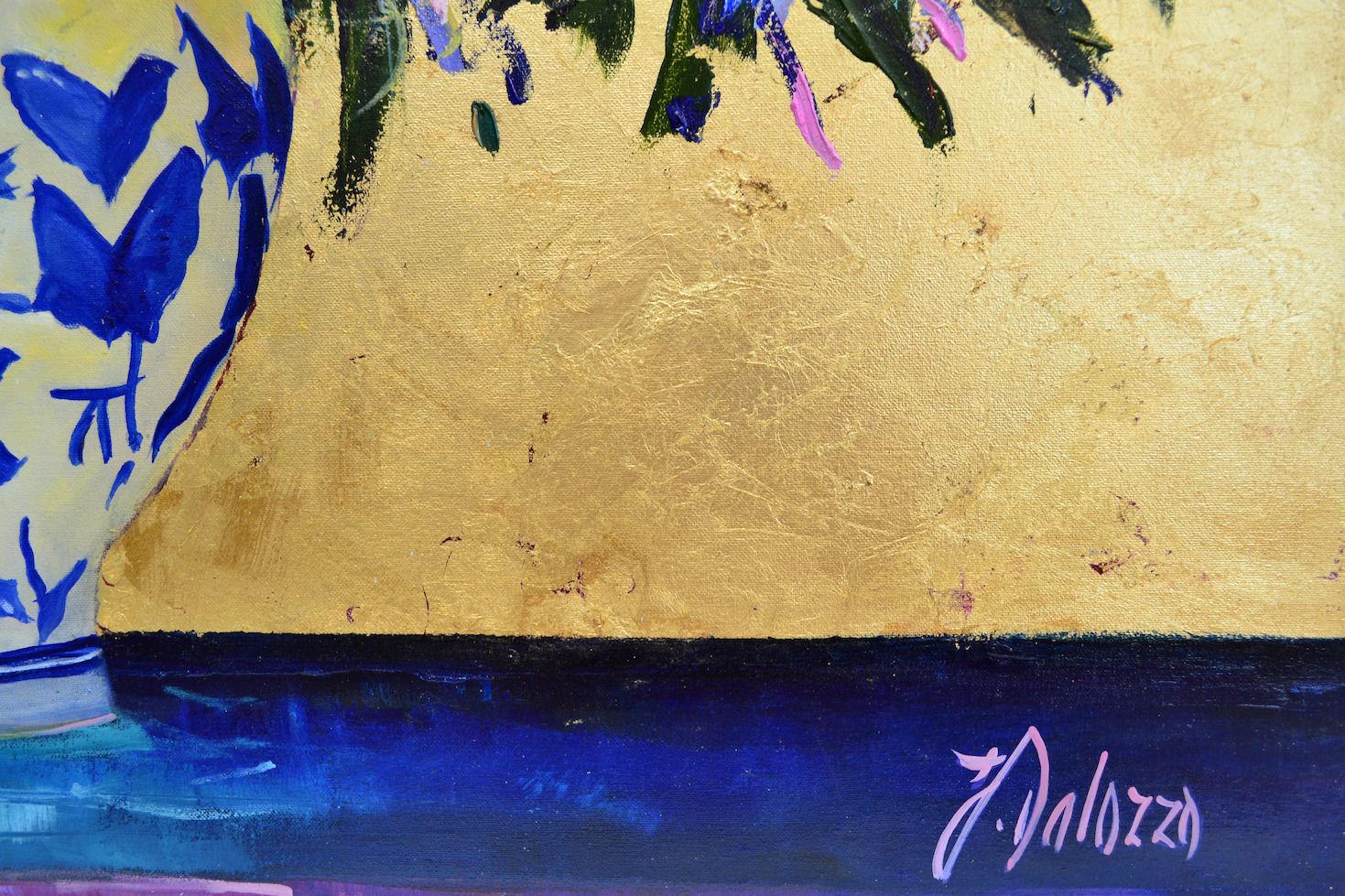 Close Up Signature Of Oil And Gold Leaf Painting "Butterfly Vase Bouquet" By Judith Dalozzo
