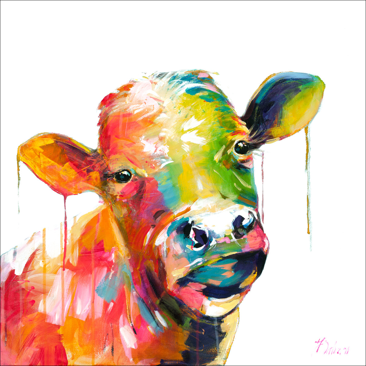 Fluro Animal Animal "Cows with Attitude 5" On White Variant From Judith Dalozzo Artwork