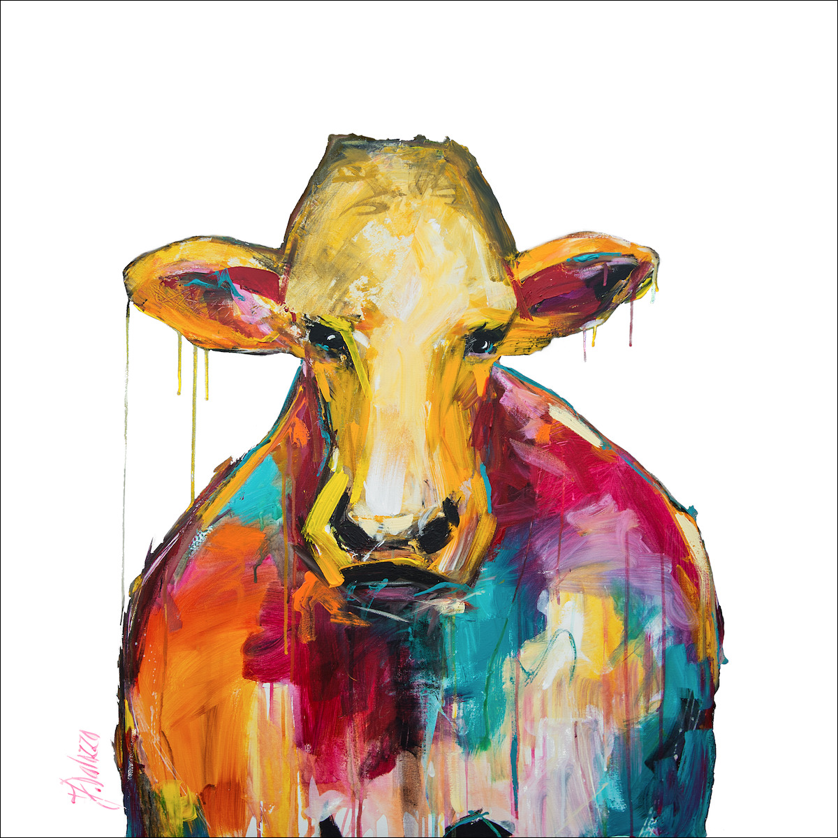 Fluro Animal Animal "Cows with Guns 1" On White Variant From Judith Dalozzo Artwork