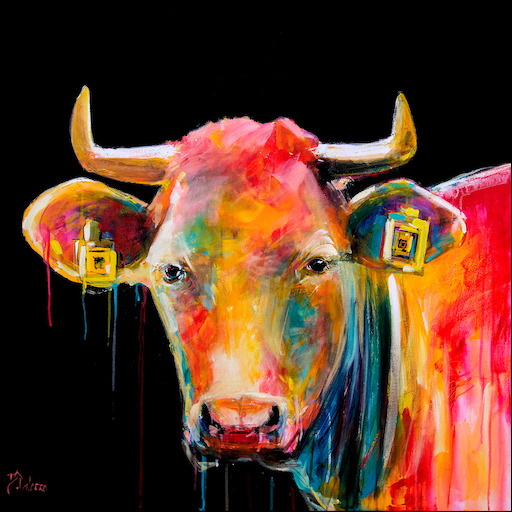 Fluro Animal Canvas Print "Cows with Guns 2" by Judith Dalozzo