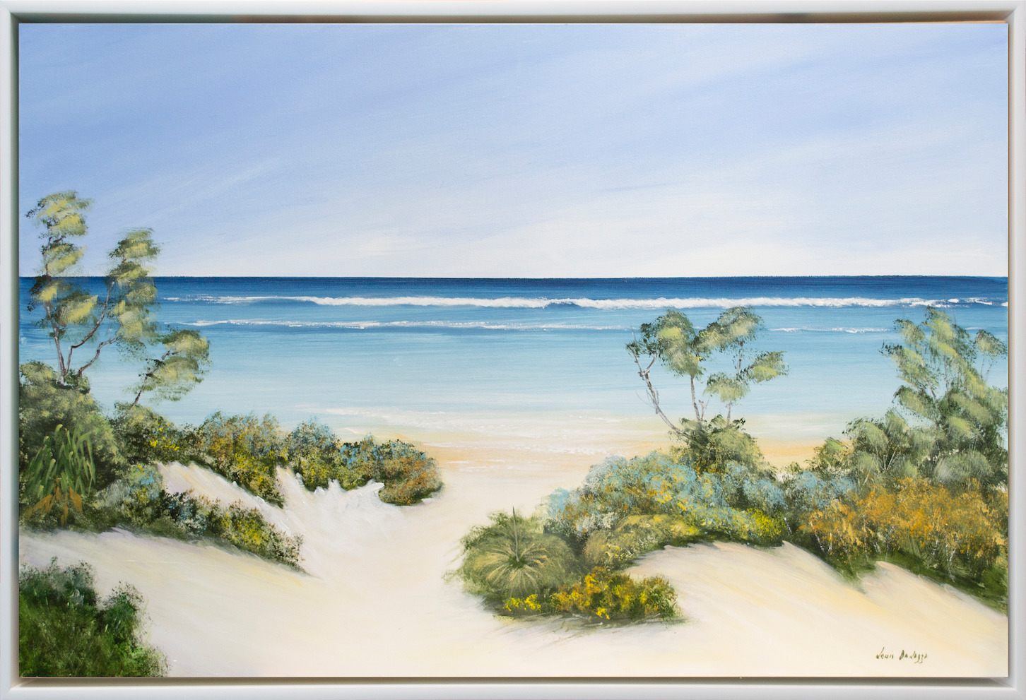 Framed Front View Of Seascape Painting "Daybreak Stradbroke" By Louis Dalozzo