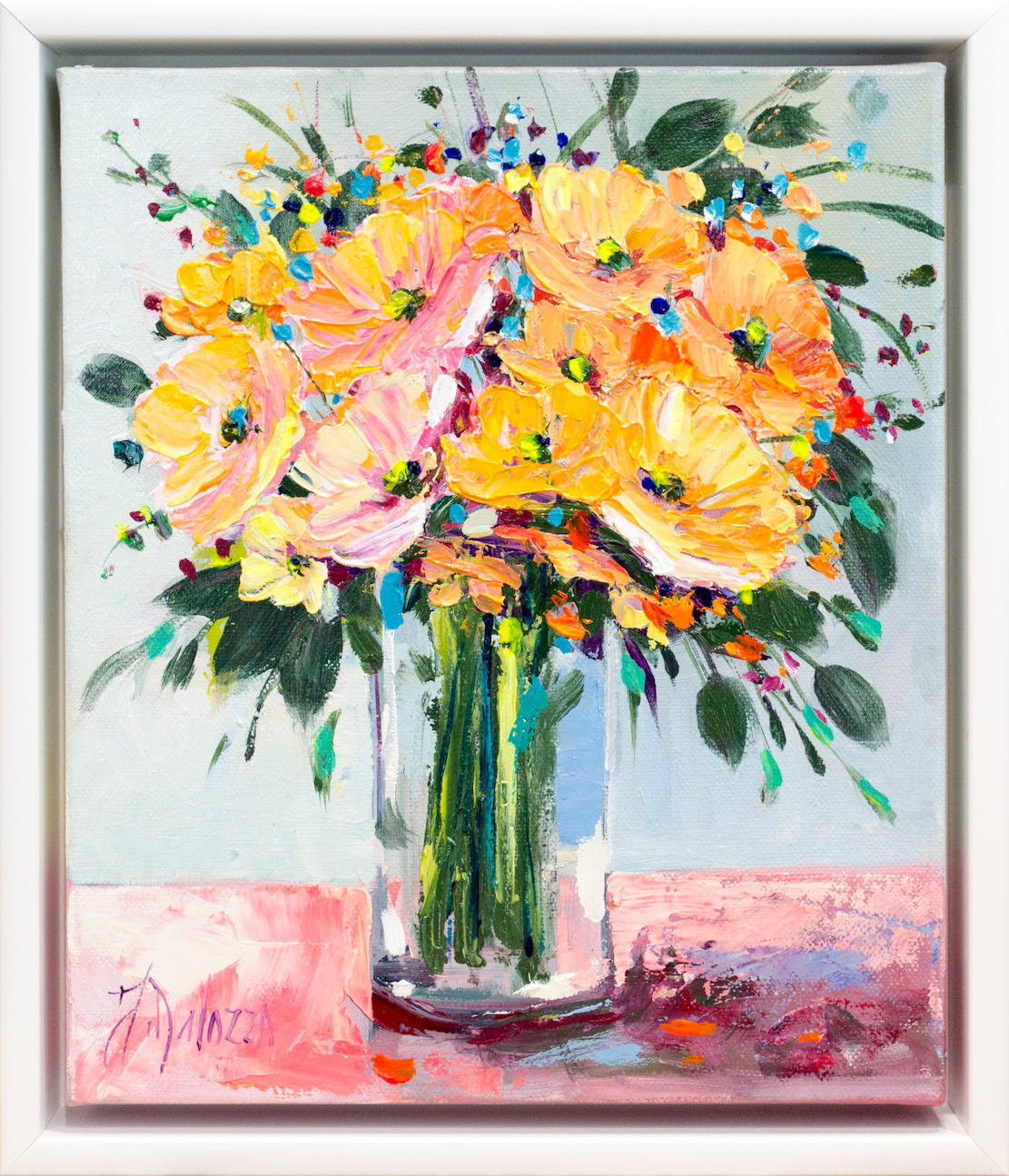 Framed Front View Of Still Life Painting "Daydreaming Bouquet" By Judith Dalozzo
