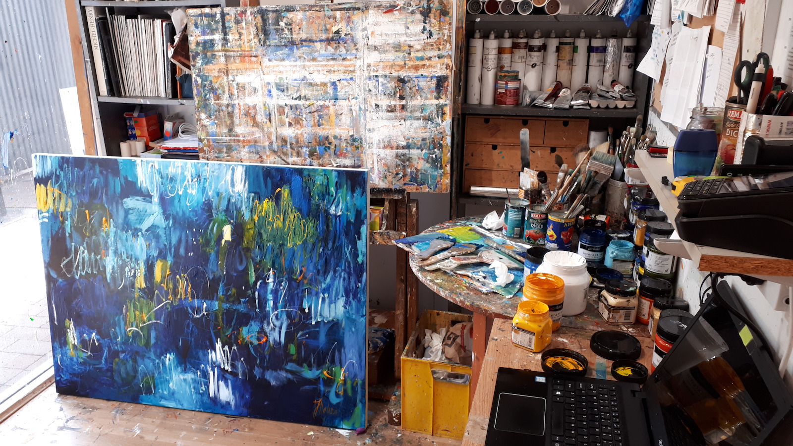 Art Studio Work On Original Abstract Painting "Days like This" By Judith Dalozzo
