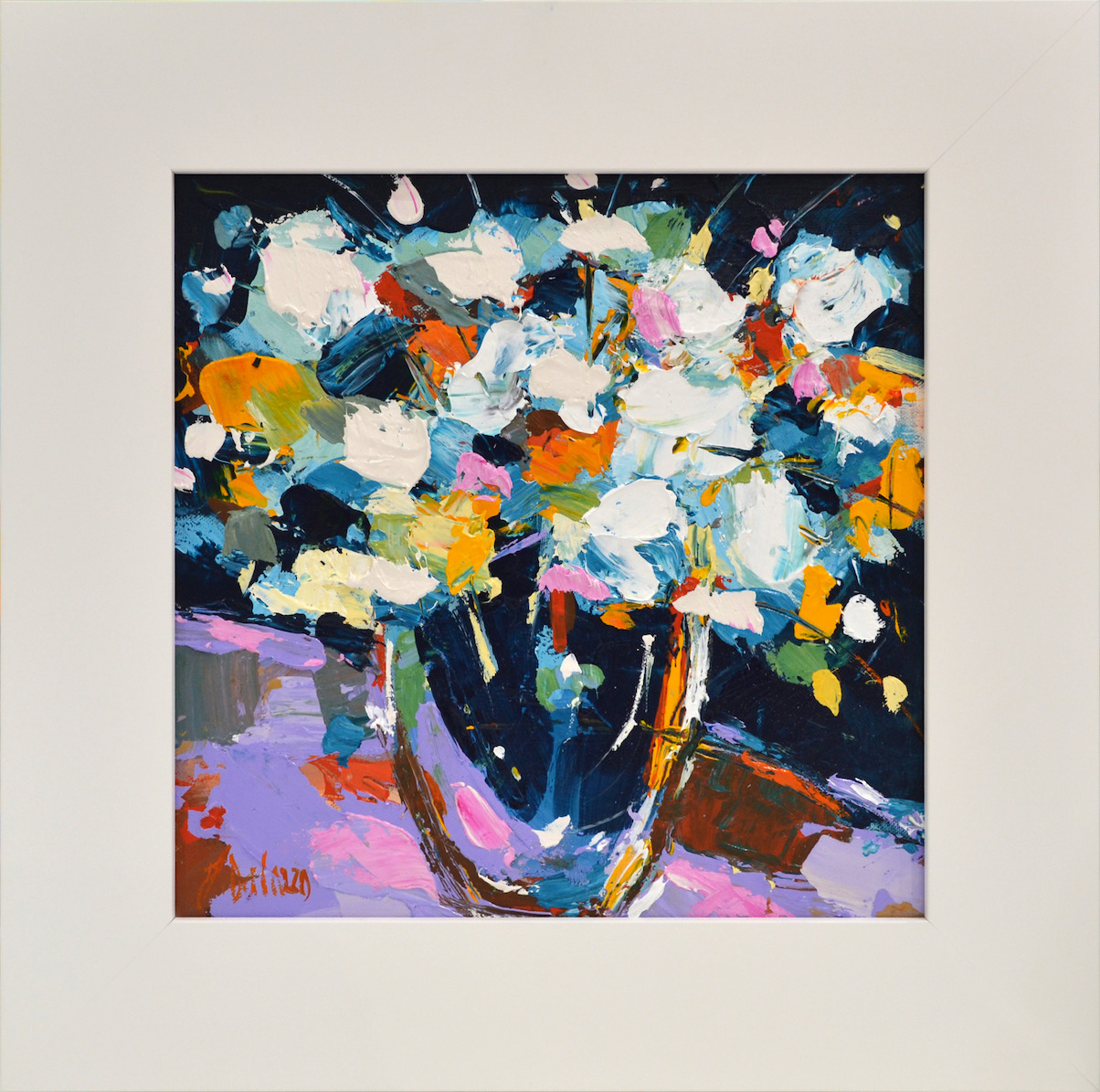 Framed Front View Of Still Life Painting "Emerald Bouquet" By Judith Dalozzo