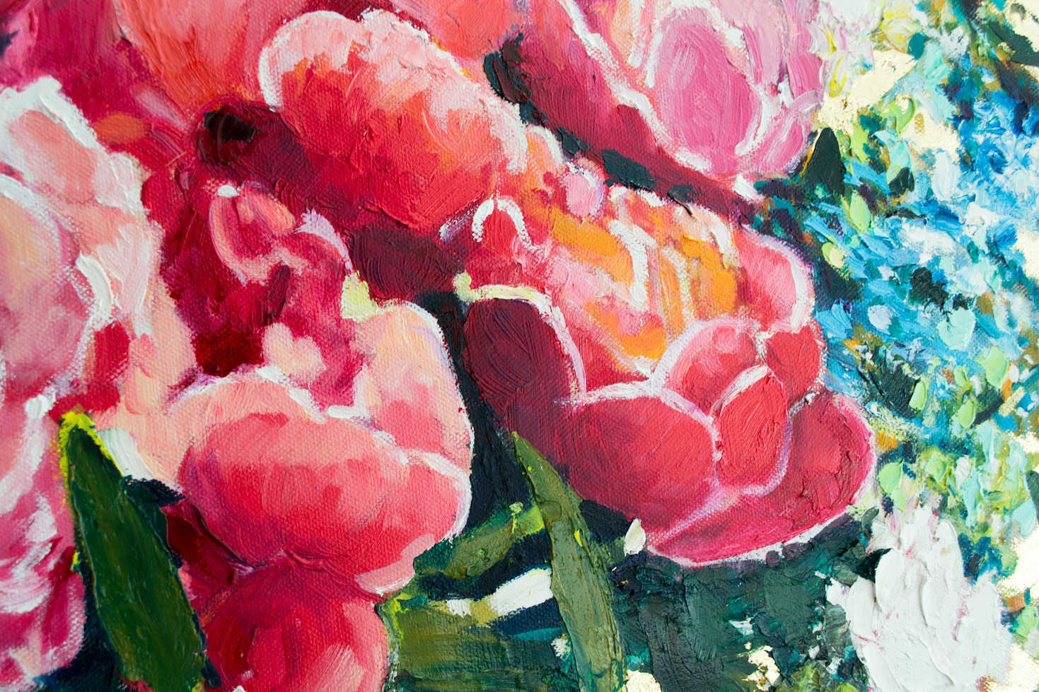 Close Up Detail Of Oil And Gold Leaf Painting "Everlasting Peonies" By Judith Dalozzo