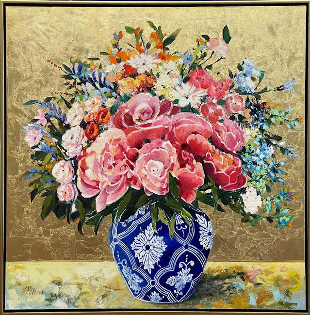 Framed Front View Of Still Life Painting "Everlasting Peonies" By Judith Dalozzo