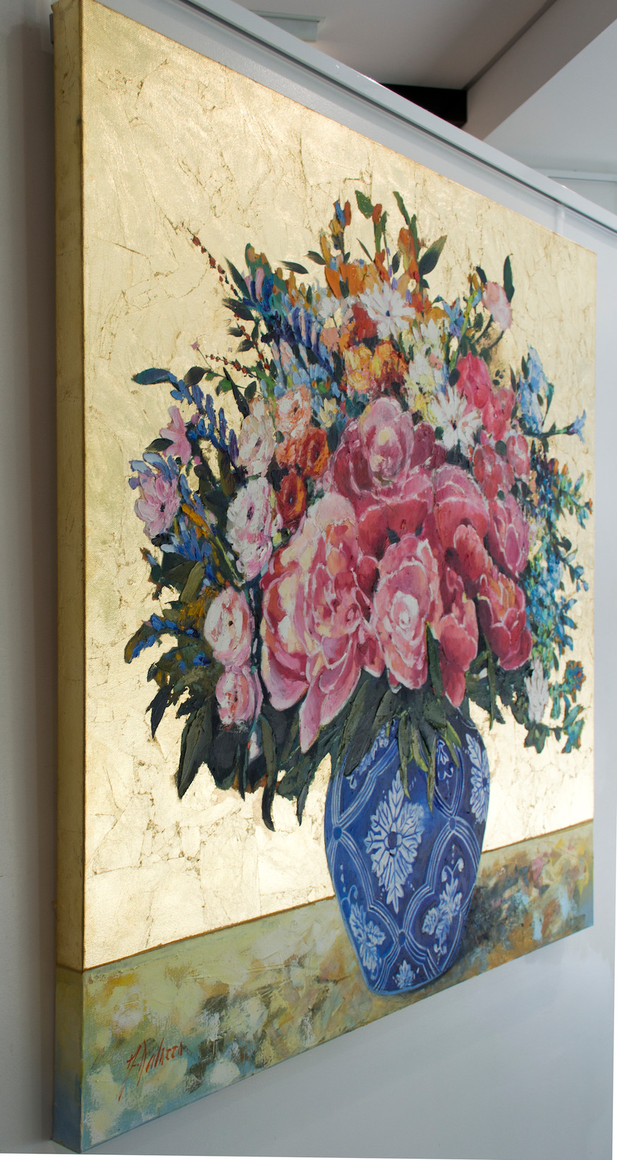 Side View Of Still Life Painting "Everlasting Peonies" By Judith Dalozzo