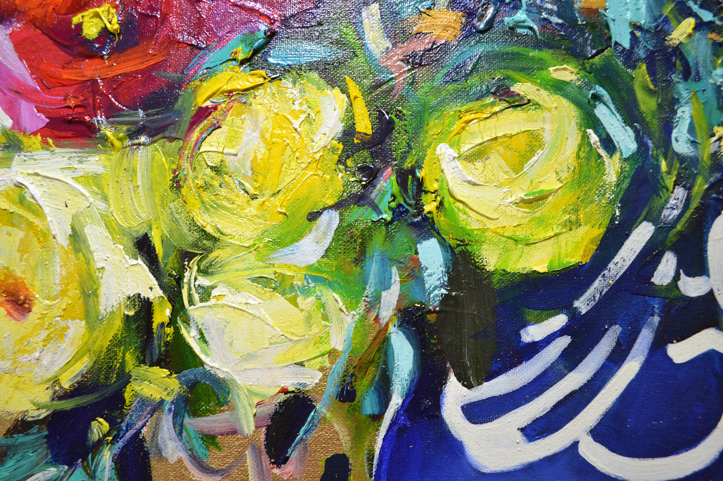 Close Up Detail 1 Of Oil And Gold Leaf Painting "Garden Spiral Vase Bouquet" By Judith Dalozzo