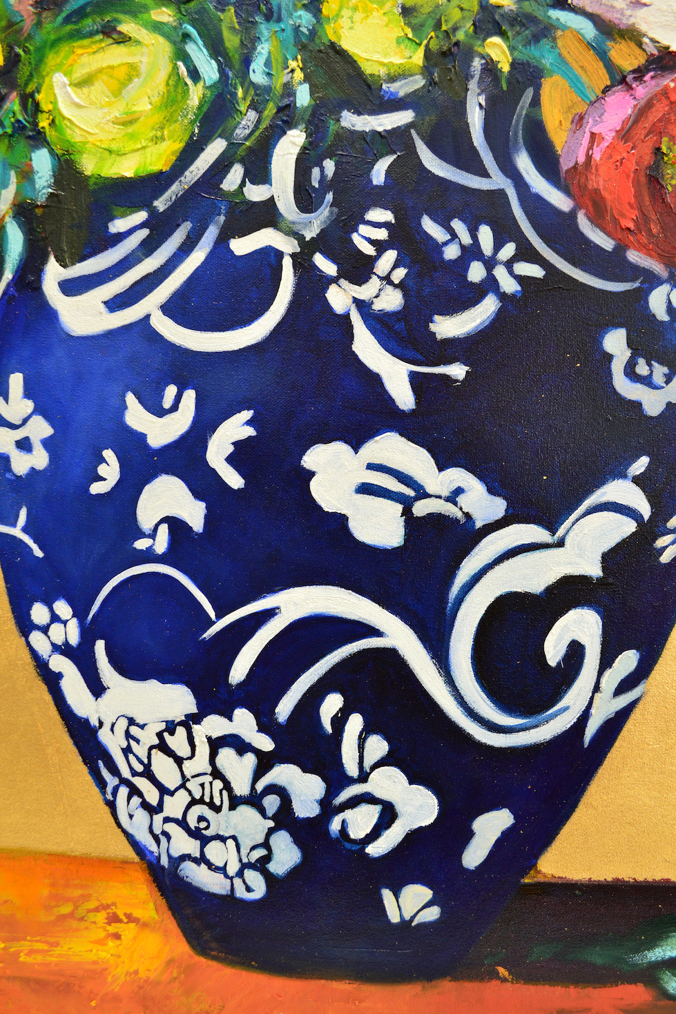Close Up Detail 3 Of Oil And Gold Leaf Painting "Garden Spiral Vase Bouquet" By Judith Dalozzo