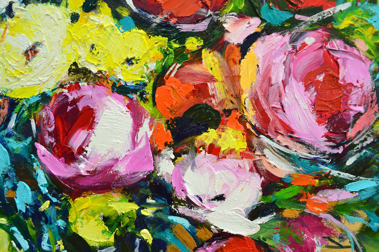 Close Up Detail 4 Of Oil And Gold Leaf Painting "Garden Spiral Vase Bouquet" By Judith Dalozzo