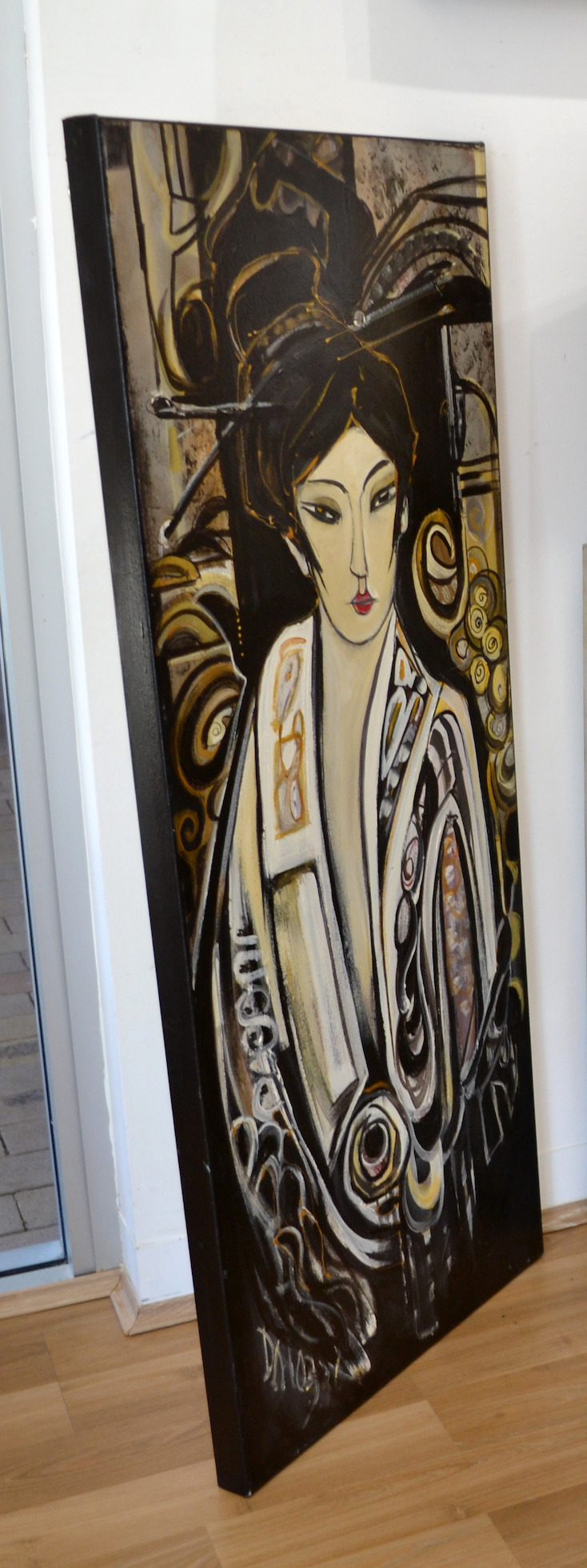 Framed Side View Of Figure Painting "Geisha 6" By Lucette Dalozzo
