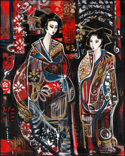 Geisha Girls Figure "Geisha Red 5" Original Artwork by Lucette Dalozzo