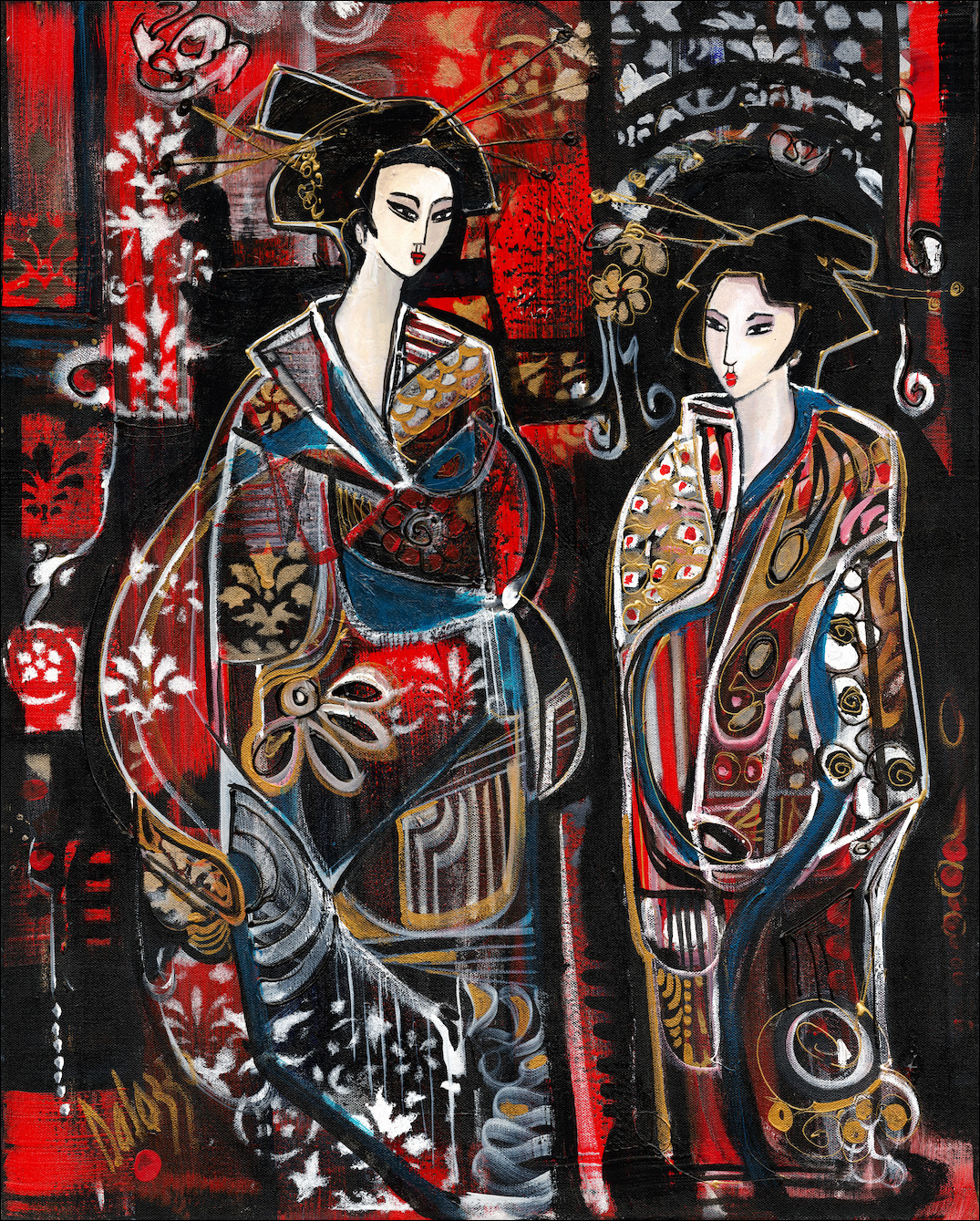 Geisha Girls Figure Canvas Print "Geisha Red 5" by Lucette Dalozzo