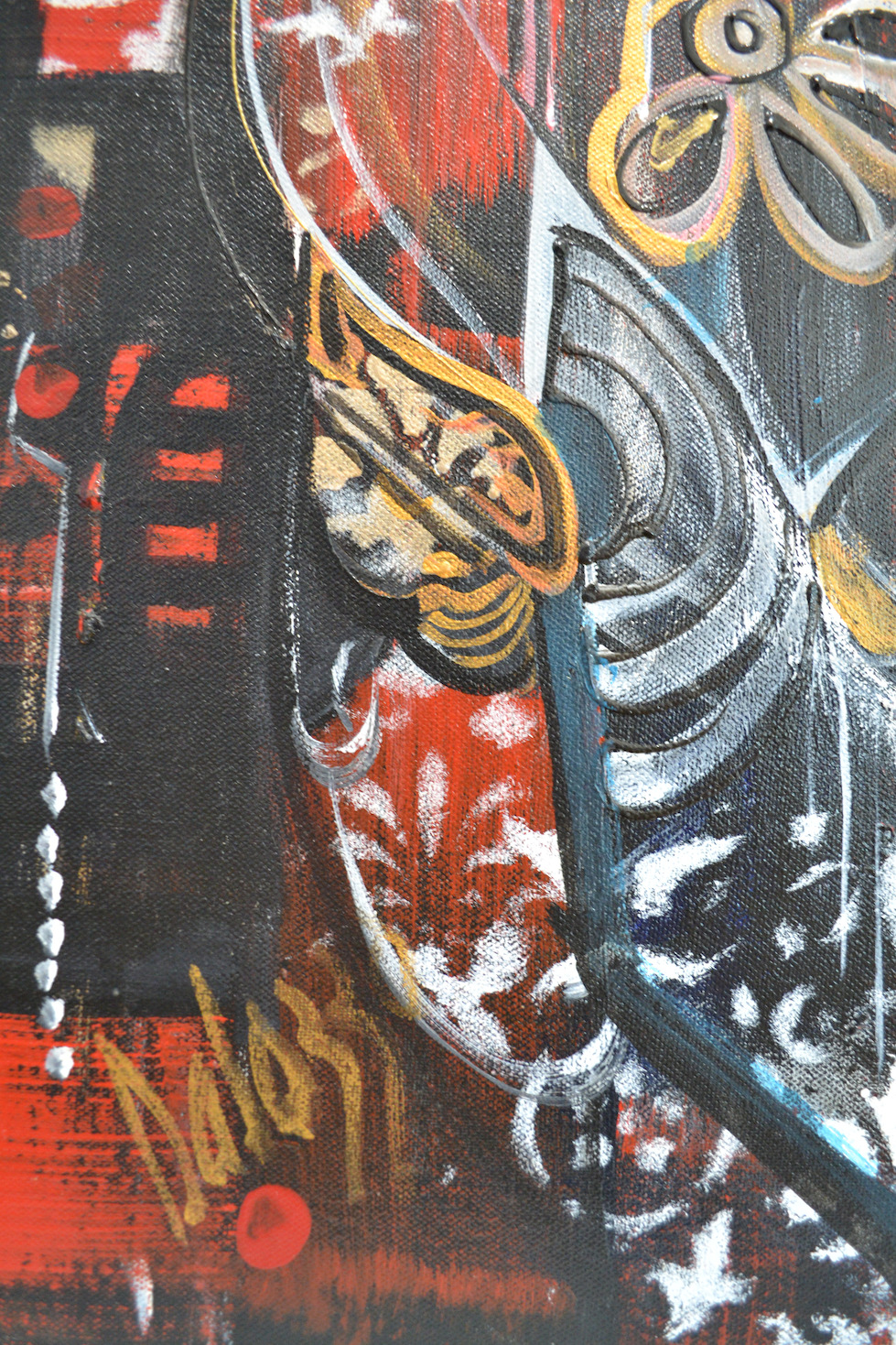 Close Up Detail 1 Of Mixed Media Painting "Geisha Red 5" By Lucette Dalozzo