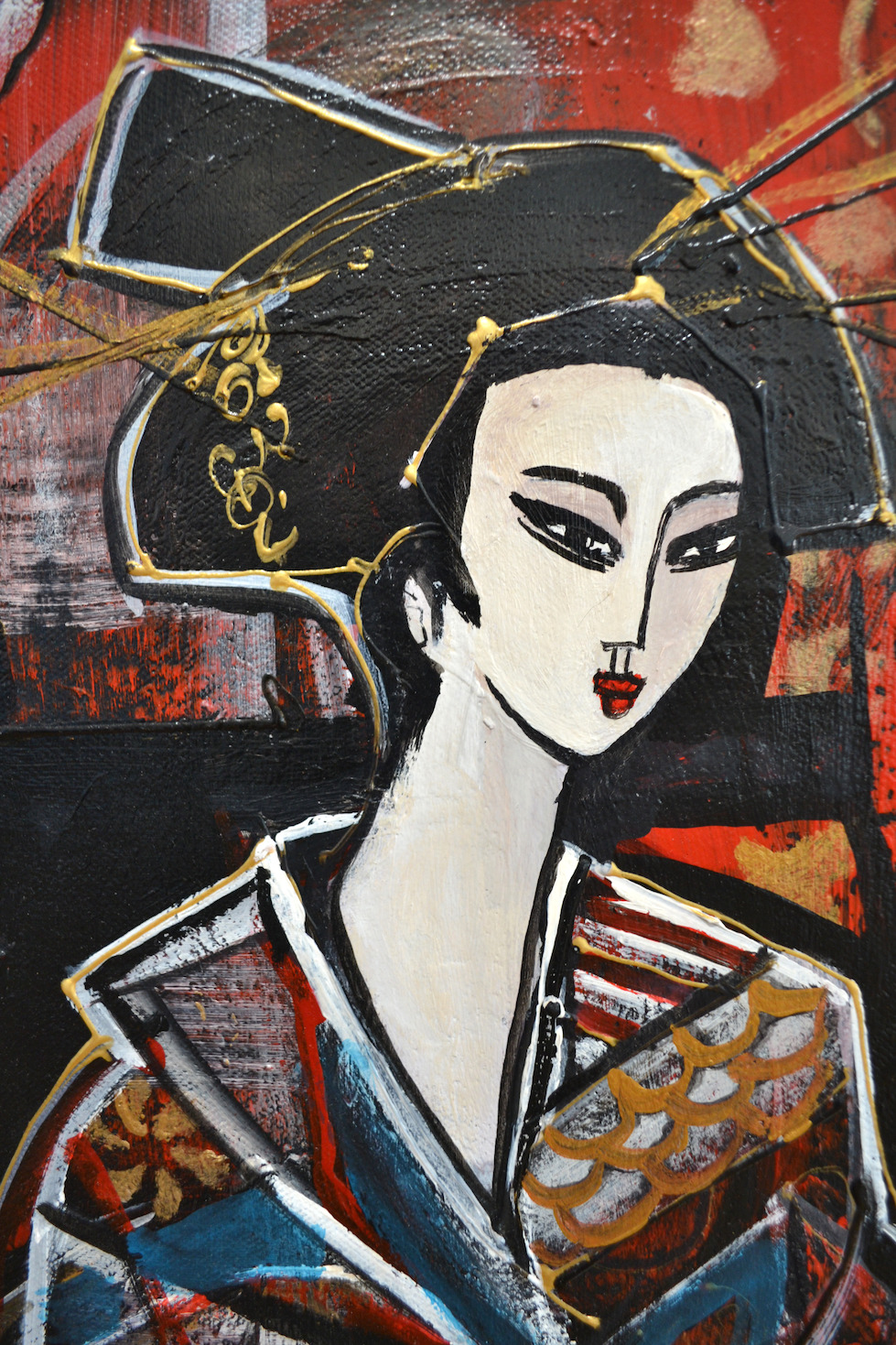 Close Up Detail 2 Of Mixed Media Painting "Geisha Red 5" By Lucette Dalozzo