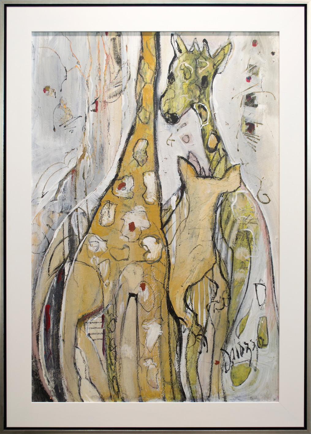 Framed Front View Of Animal Painting "Giraffidae Family" By Lucette Dalozzo