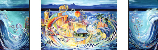 Cityscape "Gold Coast Bubbles" Triptych Original Artwork by L&J Dalozzo