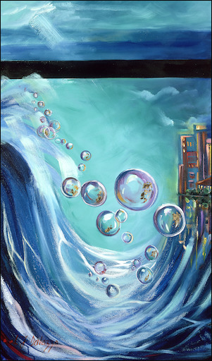 Cityscape "Gold Coast Bubbles" Triptych Left Panel Original Artwork by L&J Dalozzo