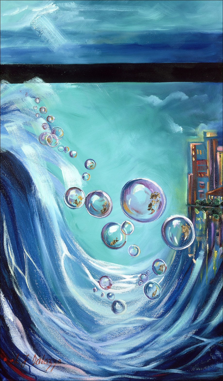 Cityscape "Gold Coast Bubbles" Triptych Left Panel Original Artwork by L&J Dalozzo