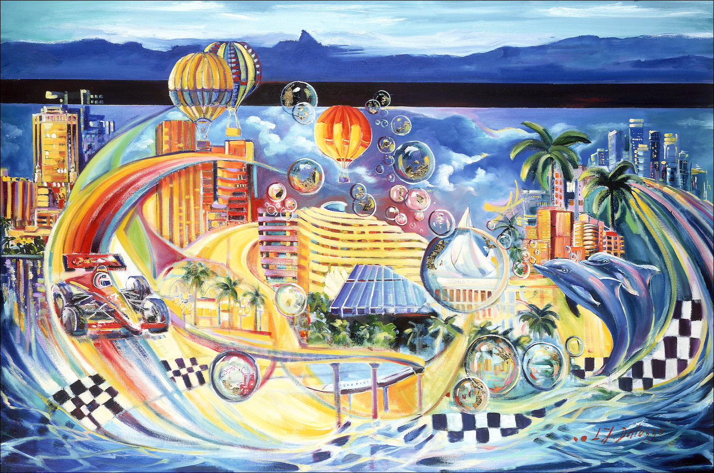 Cityscape "Gold Coast Bubbles" Triptych Middle Panel Original Artwork by L&J Dalozzo