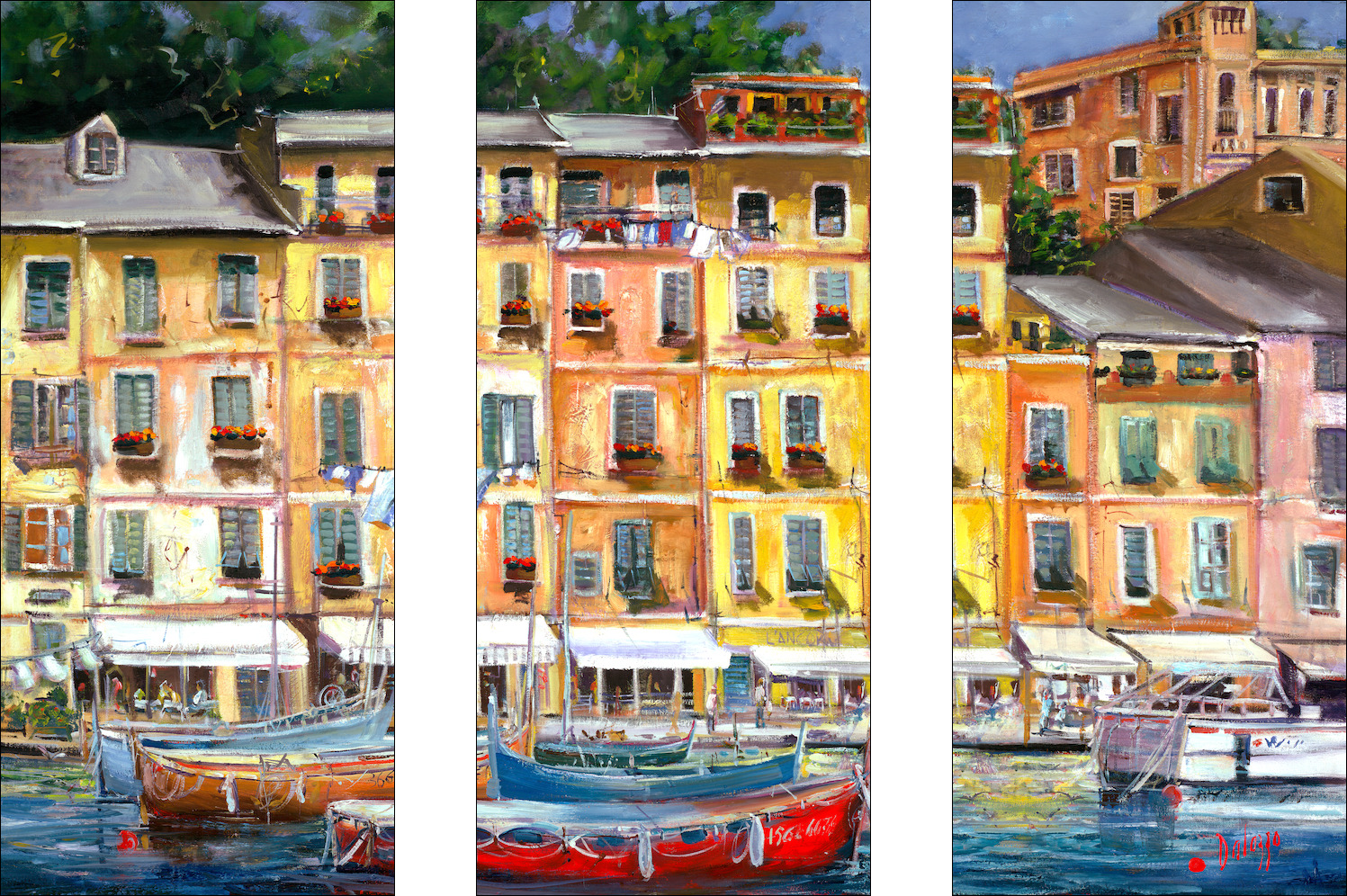 Italy Cityscape "Heart of Portofino" Triptych Original Artwork by Lucette Dalozzo