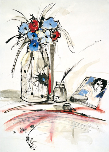 Floral Still Life "Inkwell and Violets" Original Artwork by Lucette Dalozzo