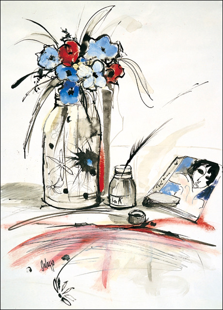 Floral Still Life "Inkwell and Violets" Original Artwork by Lucette Dalozzo
